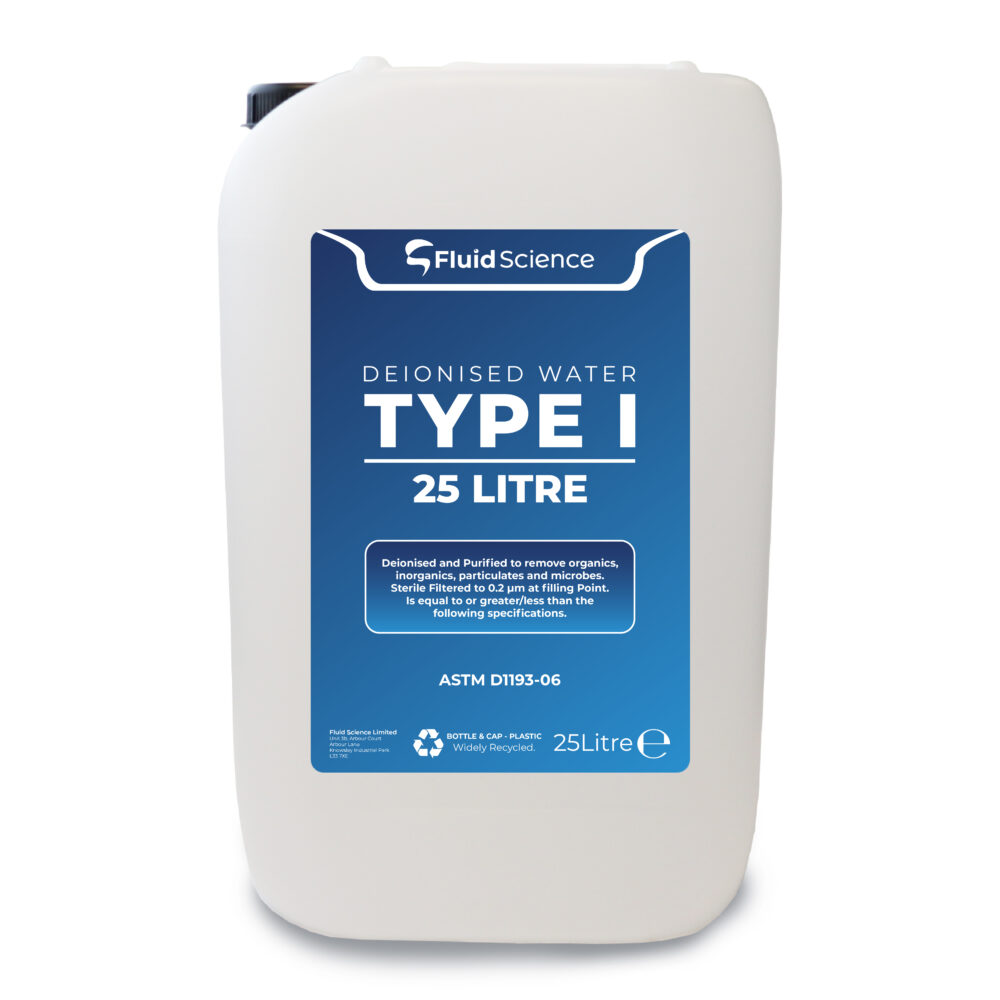 Fluid Science TYPE I Deionised Water - TYPE 1 Deionised Water 25L - Ultra Pure Water